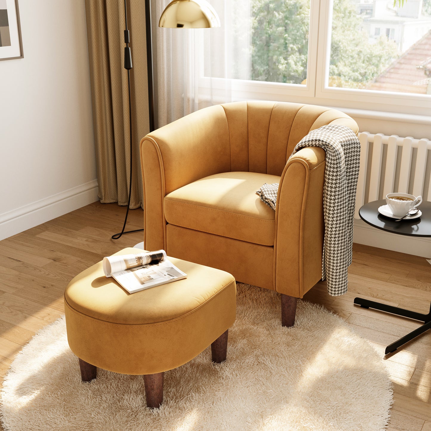 Barrel Chair with Ottoman, Velvet Accent Chair Round Armchair Reading Chair with Footrest for Bedroom, Small Spaces