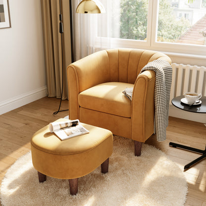 Barrel Chair with Ottoman, Velvet Accent Chair Round Armchair Reading Chair with Footrest for Bedroom, Small Spaces