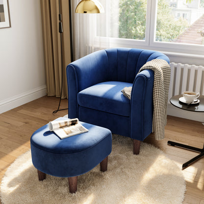 Barrel Chair with Ottoman, Velvet Accent Chair Round Armchair Reading Chair with Footrest for Bedroom, Small Spaces