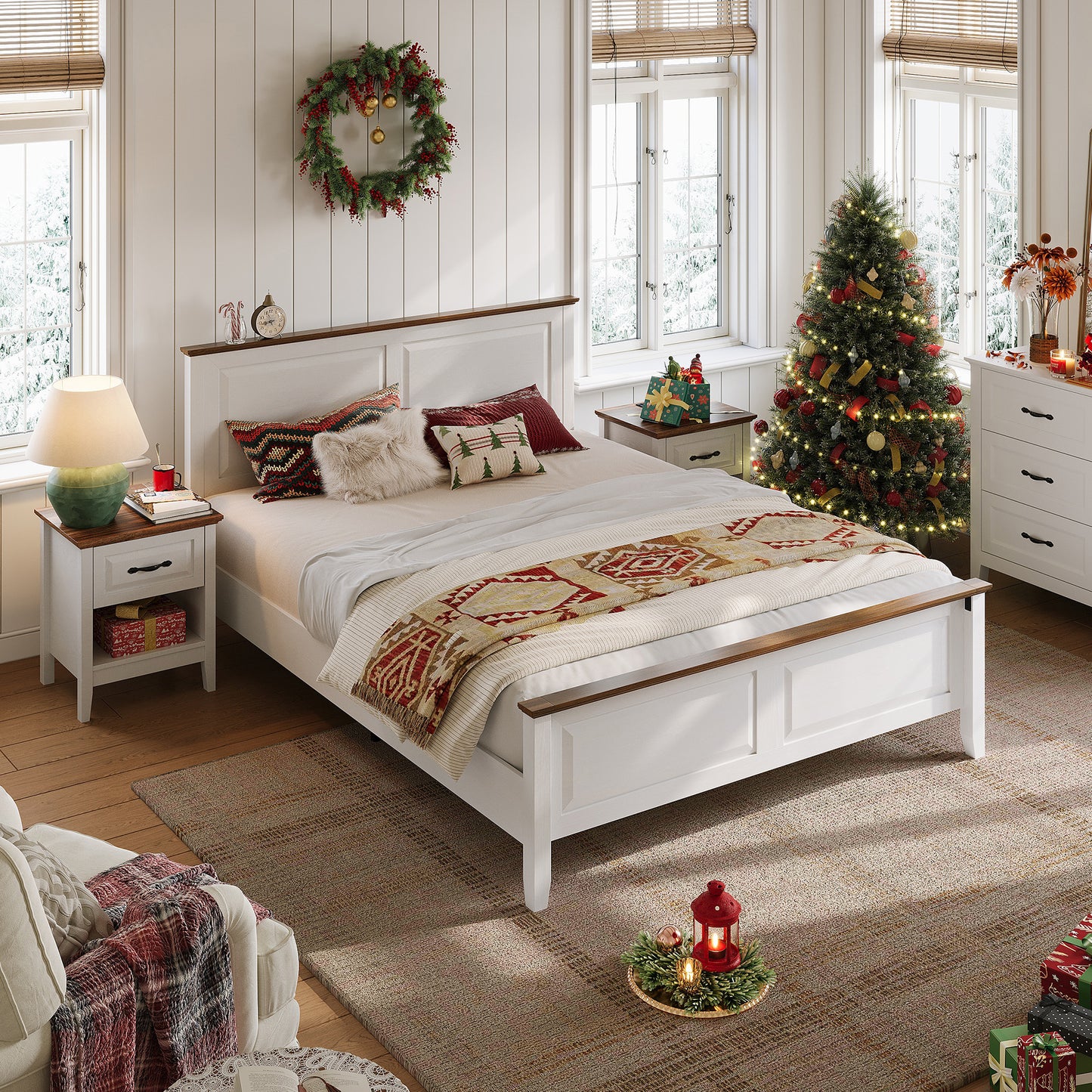 Bed Frame with Headboard and High Footboard, Farmhouse Style