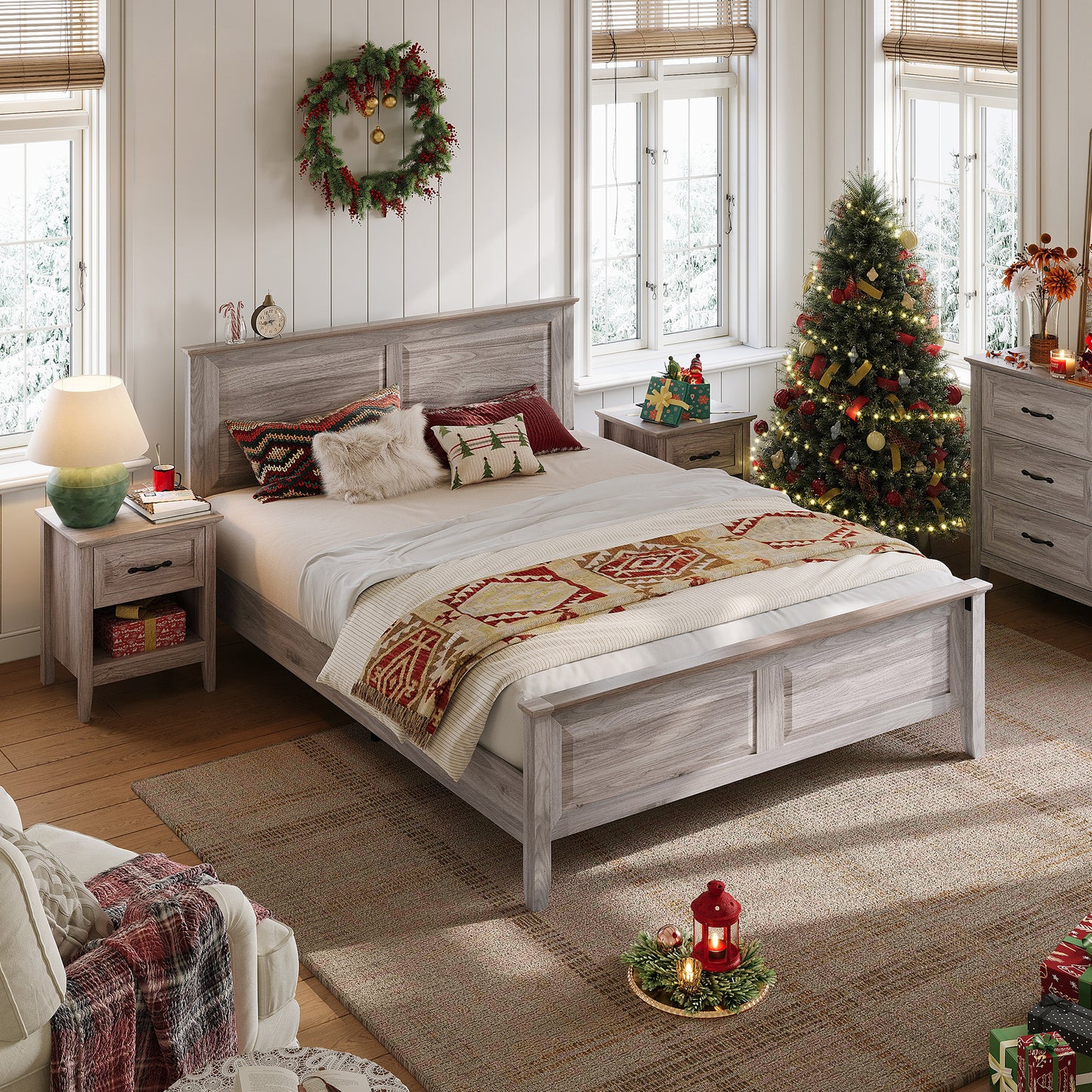 Bed Frame with Headboard and High Footboard, Farmhouse Style