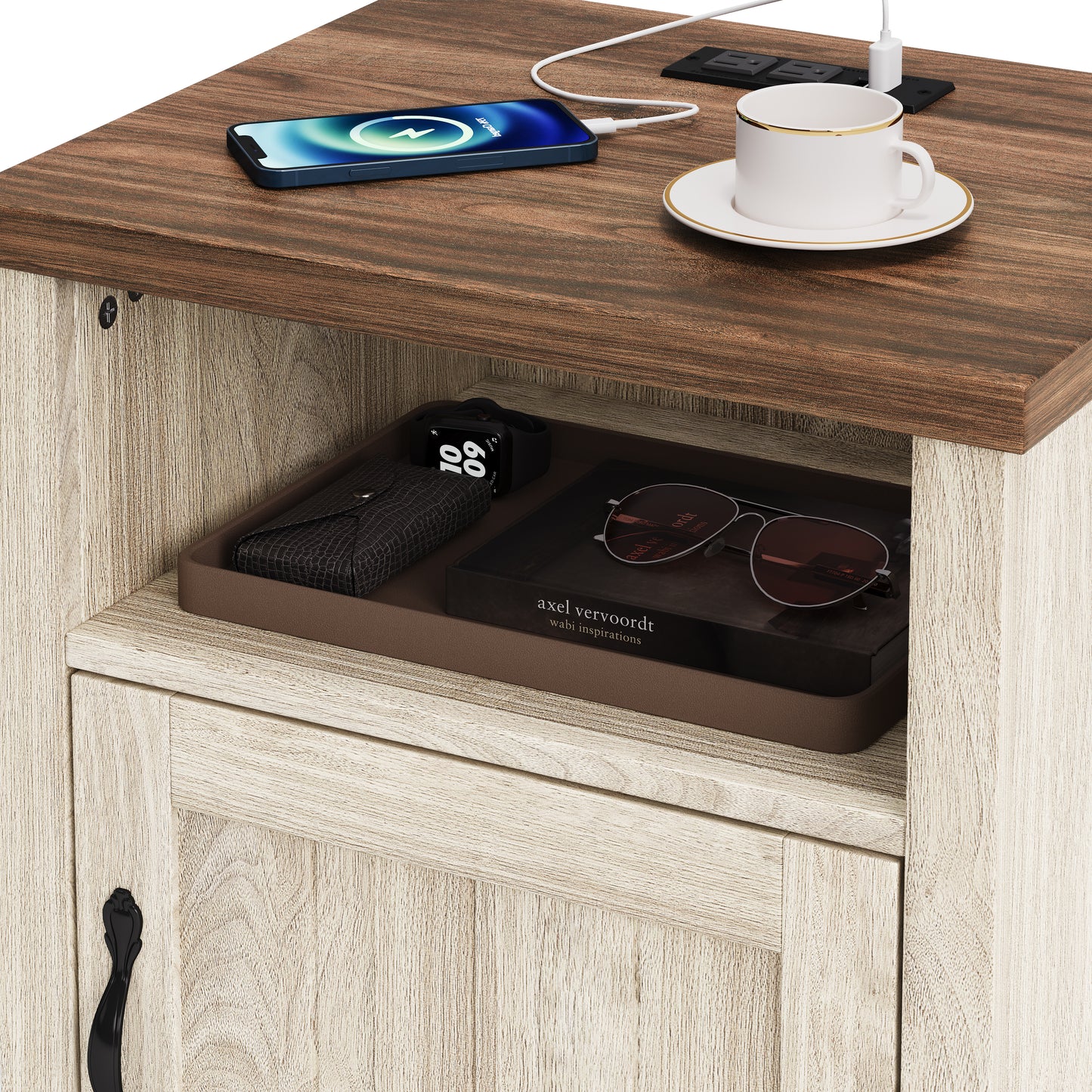 Farmhouse Nightstand, End Table  with Build-in Charging Station for Bedroom, Living room