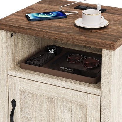Farmhouse Nightstand, End Table  with Build-in Charging Station for Bedroom, Living room