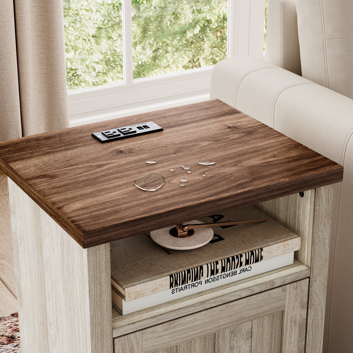 Farmhouse Nightstand, End Table  with Build-in Charging Station for Bedroom, Living room