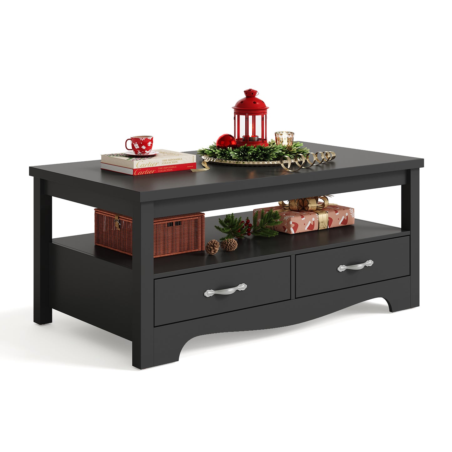 Farmhouse Coffee Table with Drawers, Rustic Living Room Storage