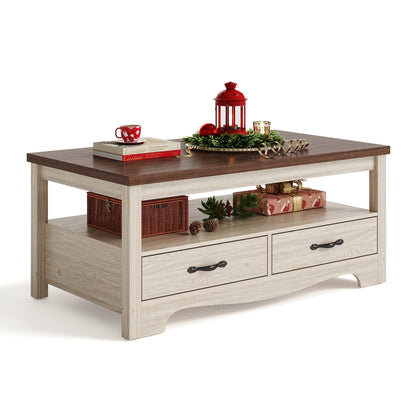 Farmhouse Coffee Table with Drawers, Rustic Living Room Storage