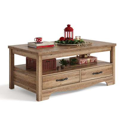 Farmhouse Coffee Table with Drawers, Rustic Living Room Storage