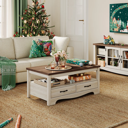 Farmhouse Coffee Table with Drawers, Rustic Living Room Storage