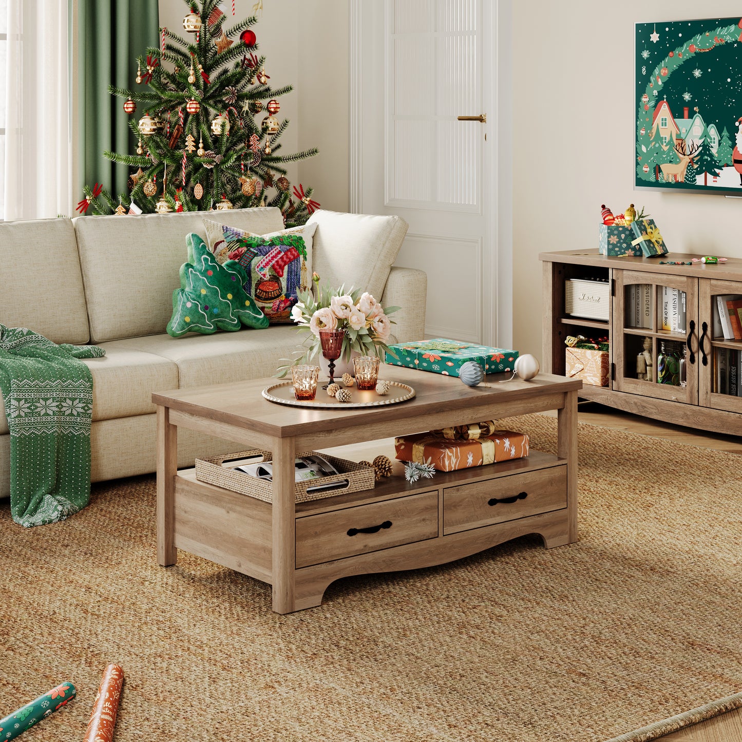Farmhouse Coffee Table with Drawers, Rustic Living Room Storage