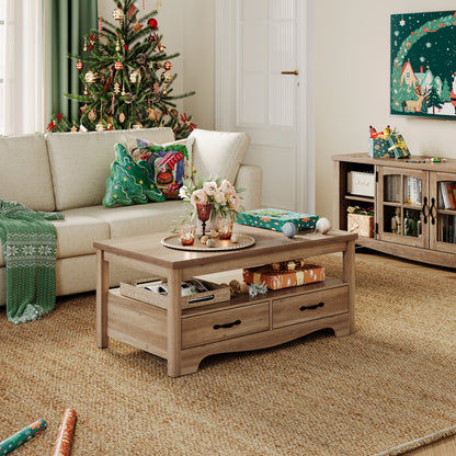 Farmhouse Coffee Table with Drawers, Rustic Living Room Storage