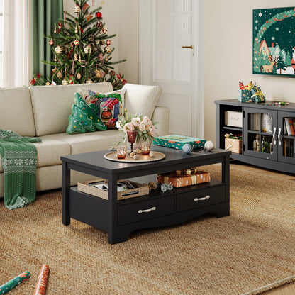 Farmhouse Coffee Table with Drawers, Rustic Living Room Storage