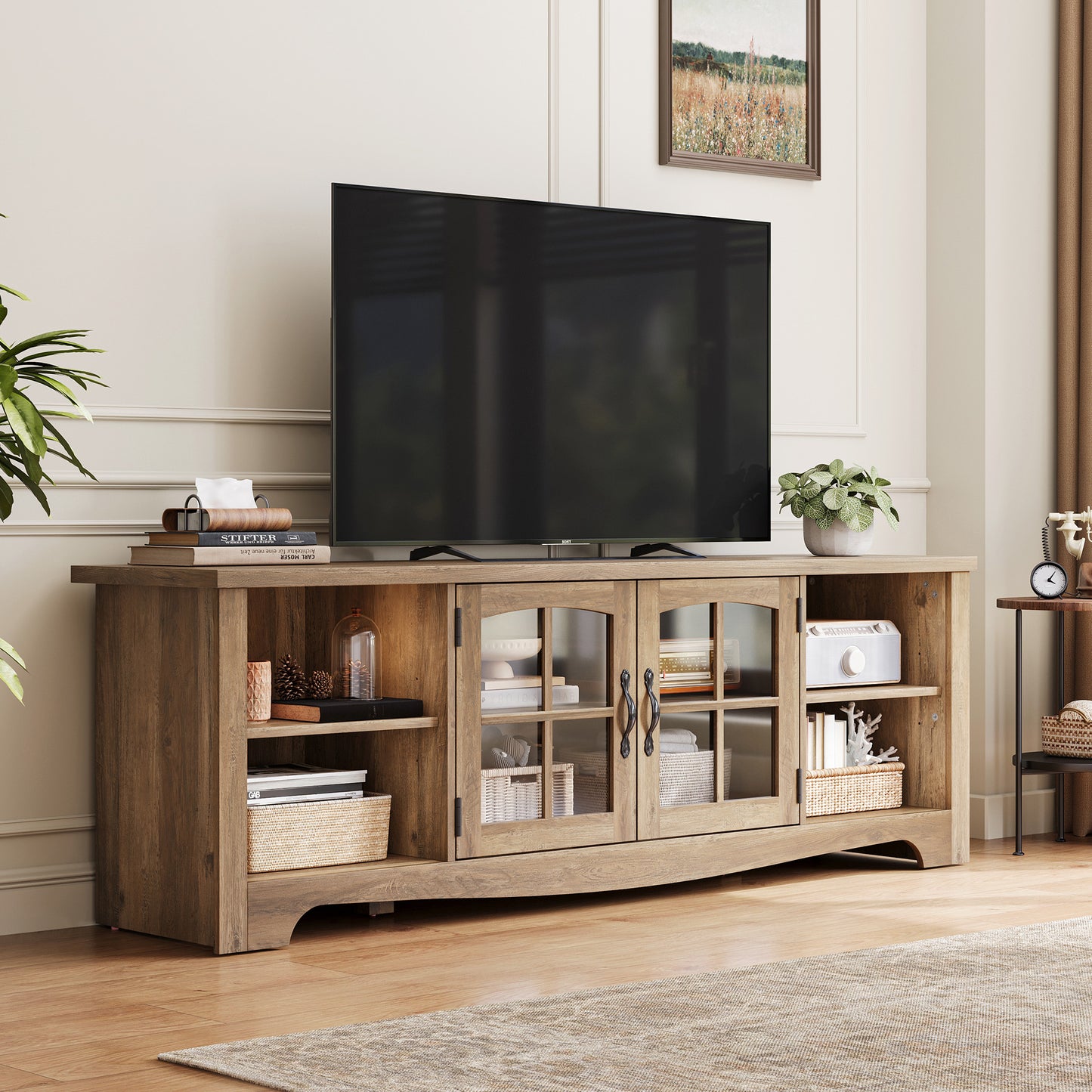 Modern Farmhouse TV Stand for TVs up to 65", Home Entertainment Center with Storage Cabinet