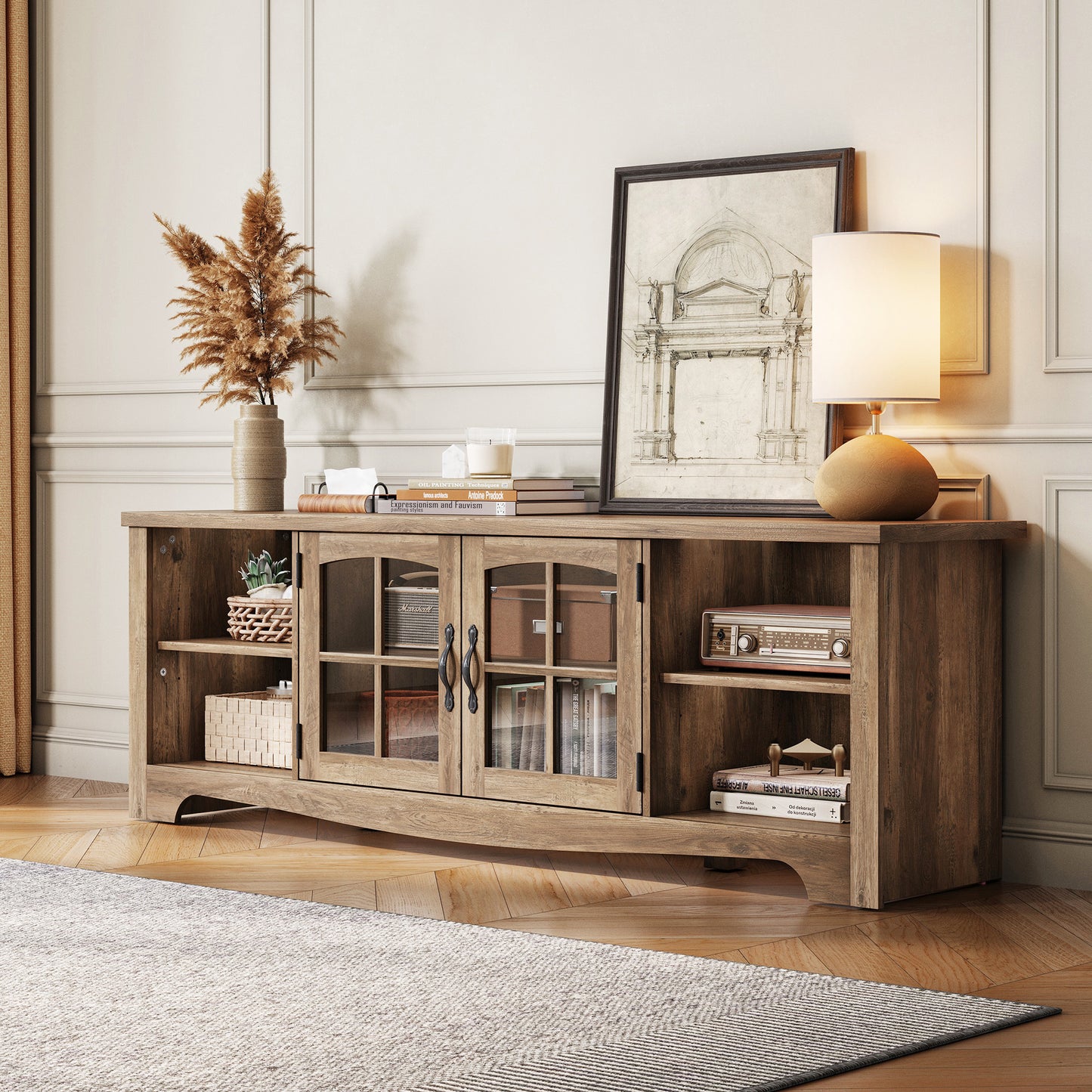 Modern Farmhouse TV Stand for TVs up to 65", Home Entertainment Center with Storage Cabinet