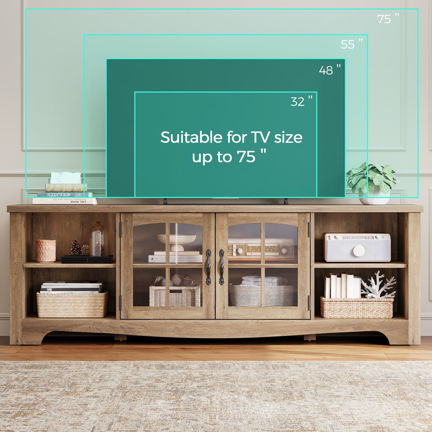 Modern Farmhouse TV Stand for TVs up to 65", Home Entertainment Center with Storage Cabinet