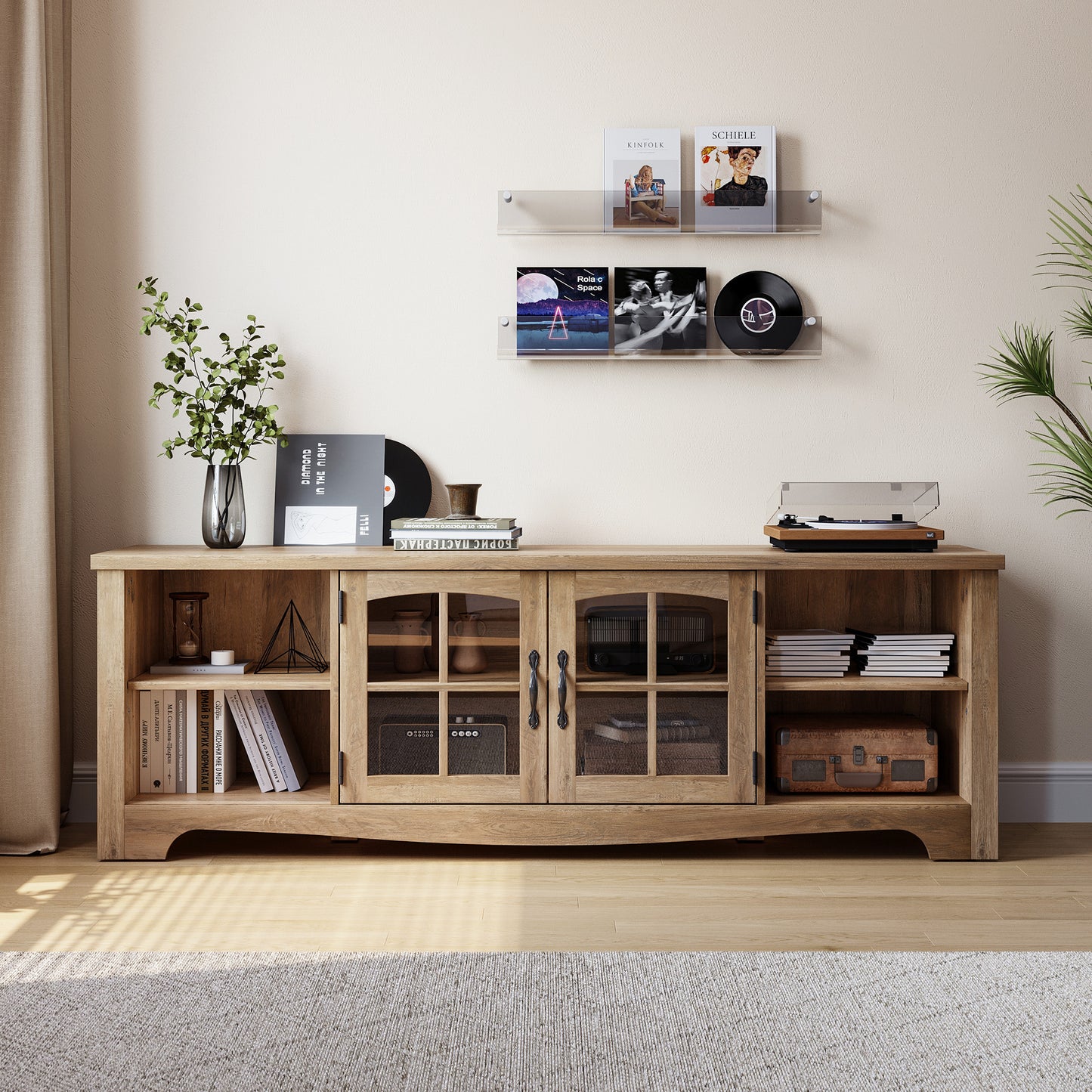 Modern Farmhouse TV Stand for TVs up to 65", Home Entertainment Center with Storage Cabinet