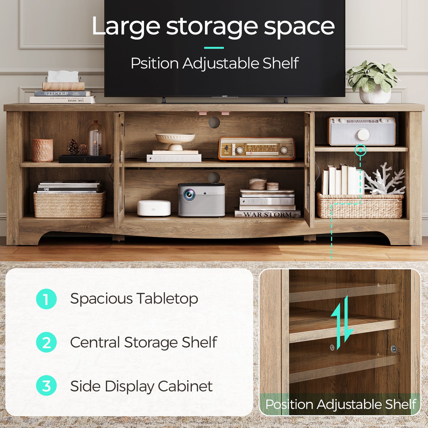 Modern Farmhouse TV Stand for TVs up to 65", Home Entertainment Center with Storage Cabinet