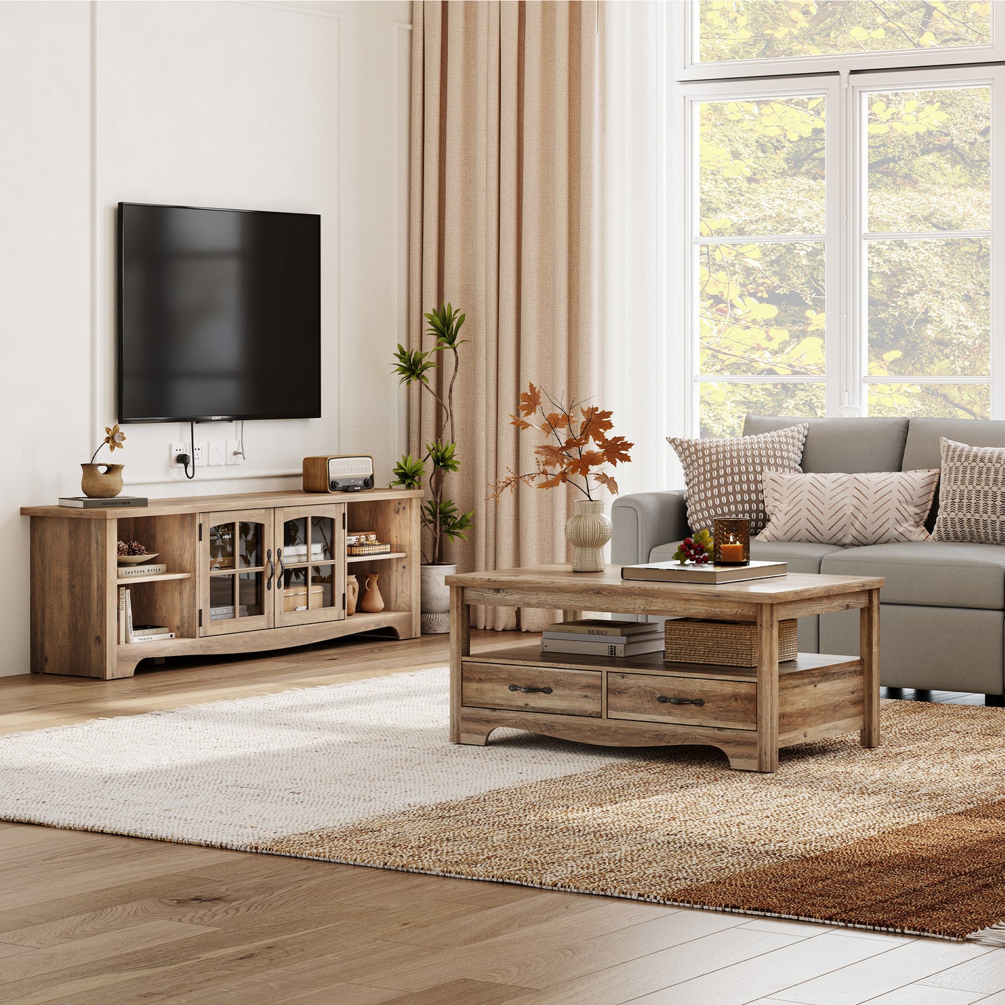 Modern Farmhouse TV Stand for TVs up to 65", Home Entertainment Center with Storage Cabinet
