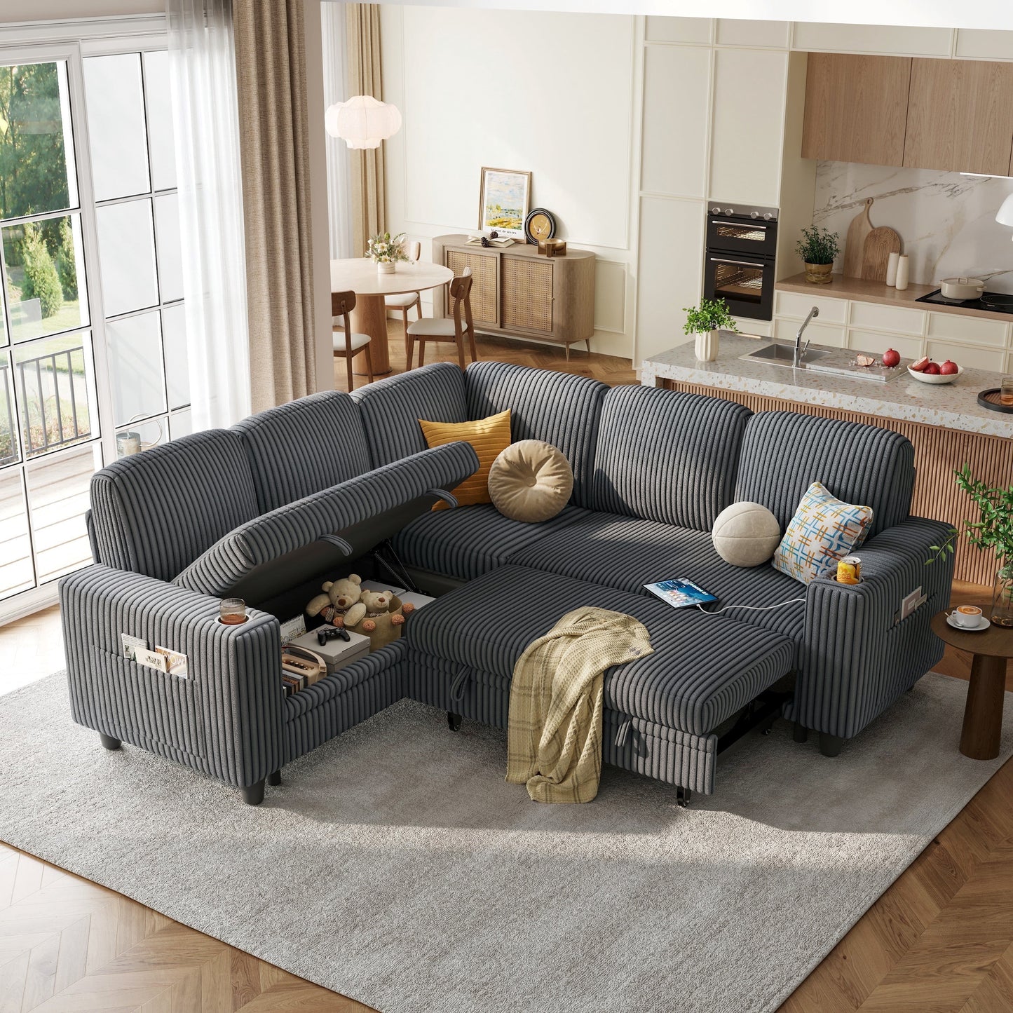 LINSY HOME L Shaped Sectional Couches for Living Room, Sleeper Sofa Bed with Storage Seat, Pull Out Couch Bed with Cup Holder, Dark Gray