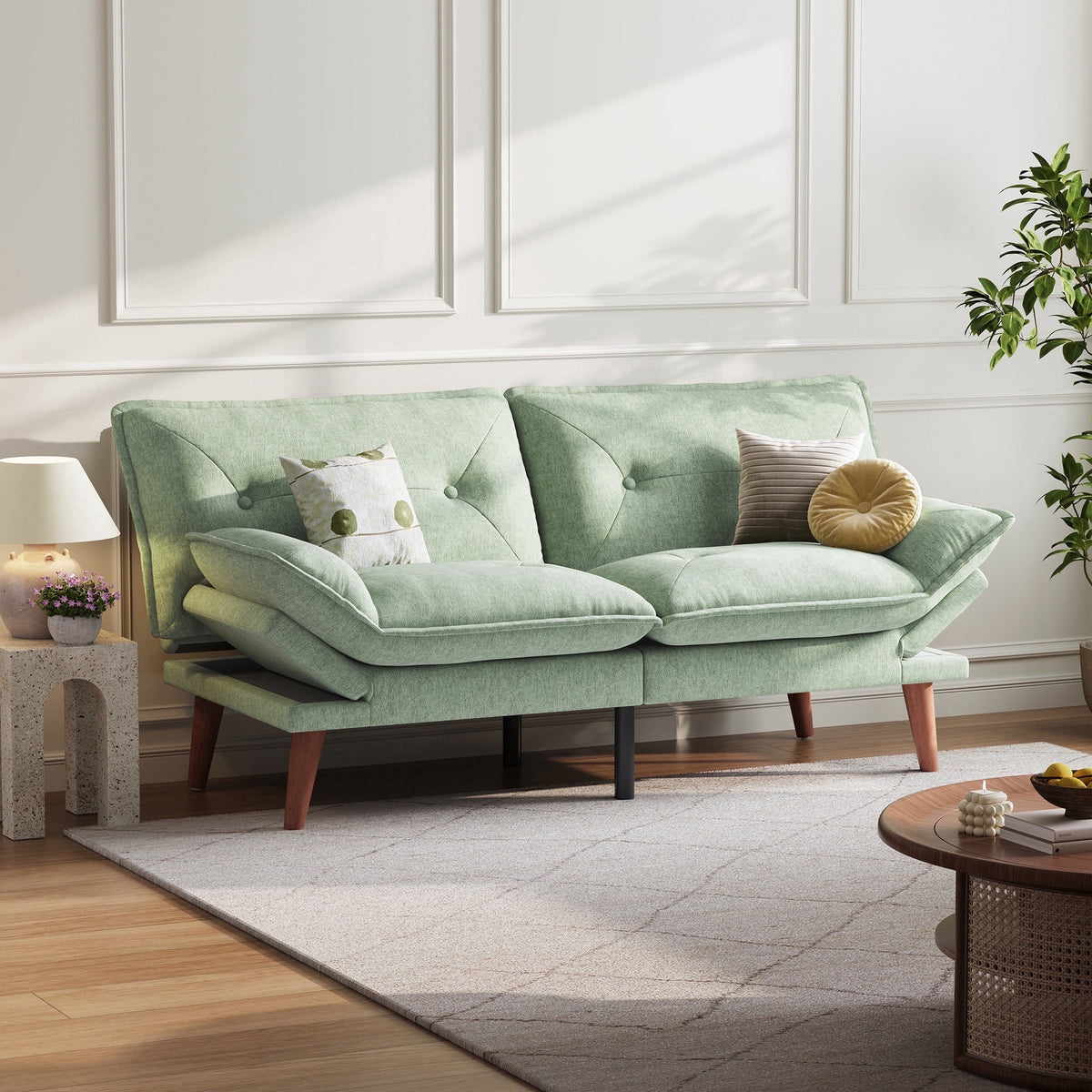 LINSY HOME Futon Sofa, Modern Loveseat Sofa, Chenille Convertible  Bed with Adjustable Armrests forA partment, Green