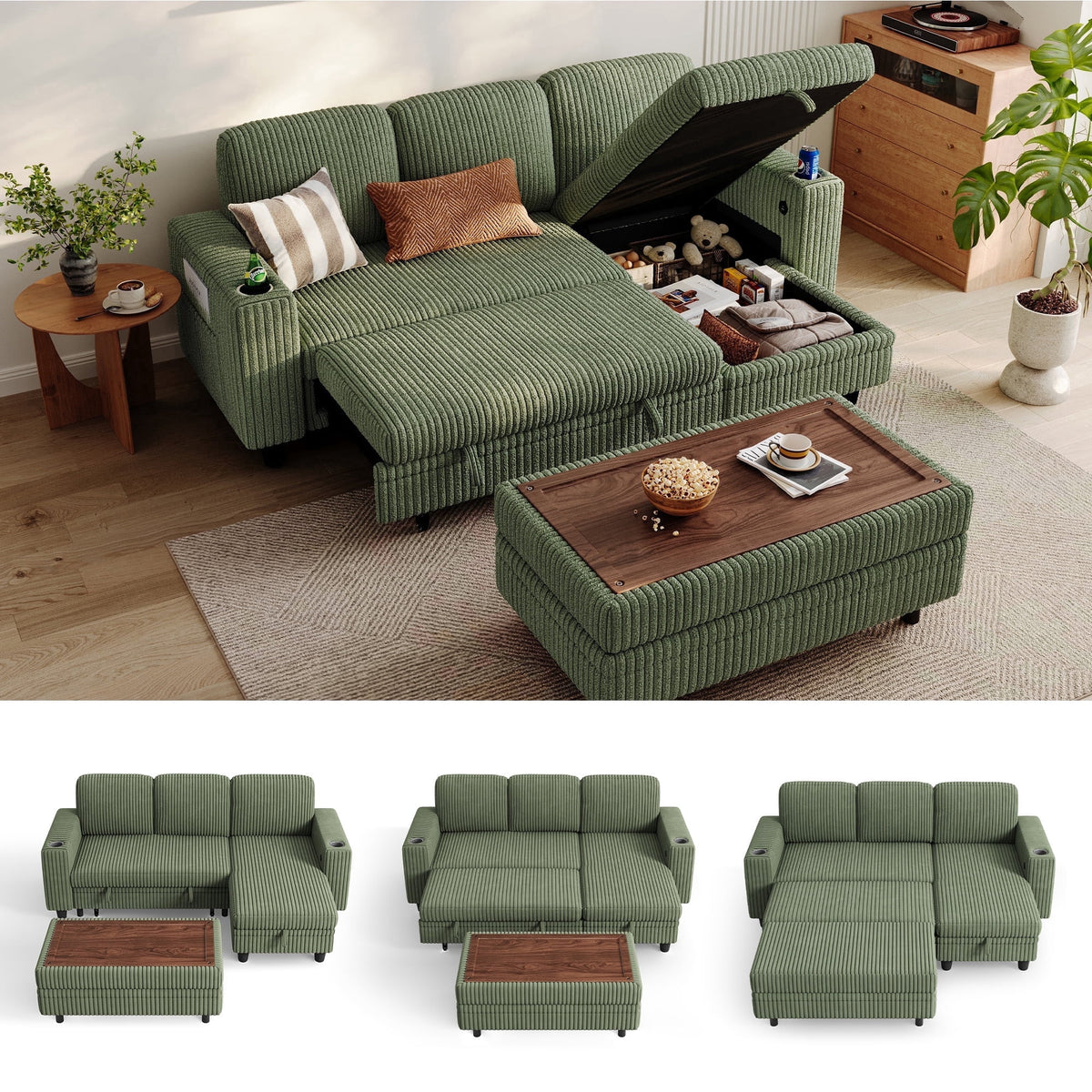 LINSY HOME 3 Seaterss Sectional Couches for Living Room, Sofa Bed with Storage Seat, Pull Out Couch Bed with Storage Ottoman, Dark Green