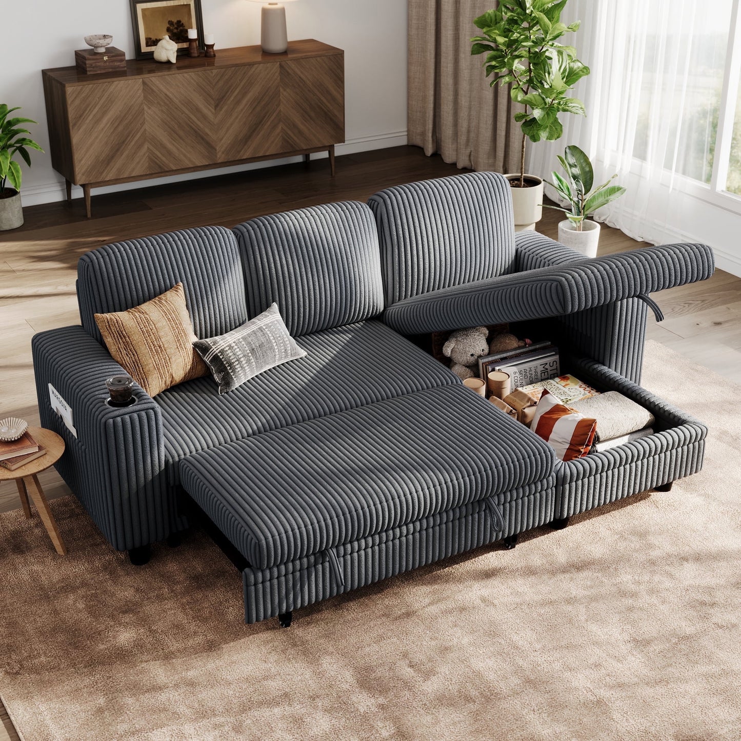 LINSY HOME L Shaped Sectional Couches for Living Room, Sleeper Sofa Bed with Reversible Storage Chaise, Pull Out Couch Bed with USB, Cup Holder, Dark Gray