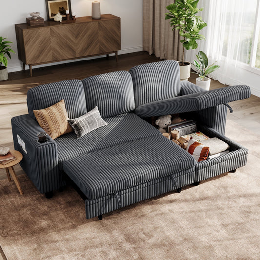 LINSY HOME L Shaped Sectional Couches for Living Room, Sleeper Sofa Bed with Reversible Storage Chaise, Pull Out Couch Bed with USB, Cup Holder, Dark Gray