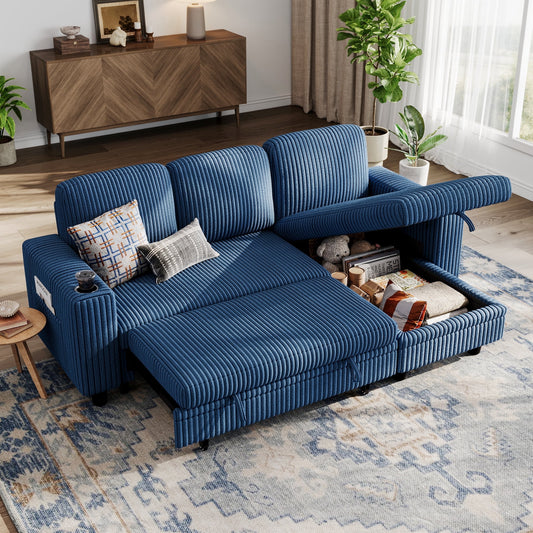 LINSY HOME L Shaped Sectional Couches for Living Room, Sleeper Sofa Bed with Reversible Storage Chaise, Pull Out Couch Bed with USB, Cup Holder, Dark Blue