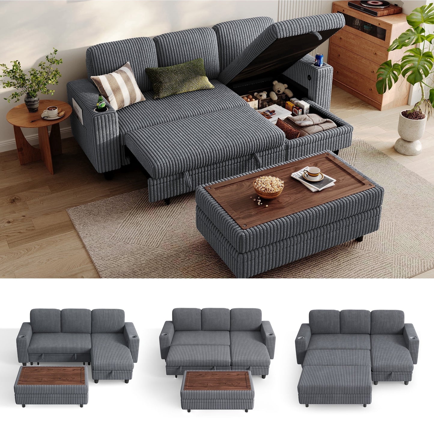 LINSY HOME 3 Seaters Sectional Couches for Living Room, Sofa Bed with Storage Seat, Pull Out Couch Bed with Storage Ottoman, Dark Gray