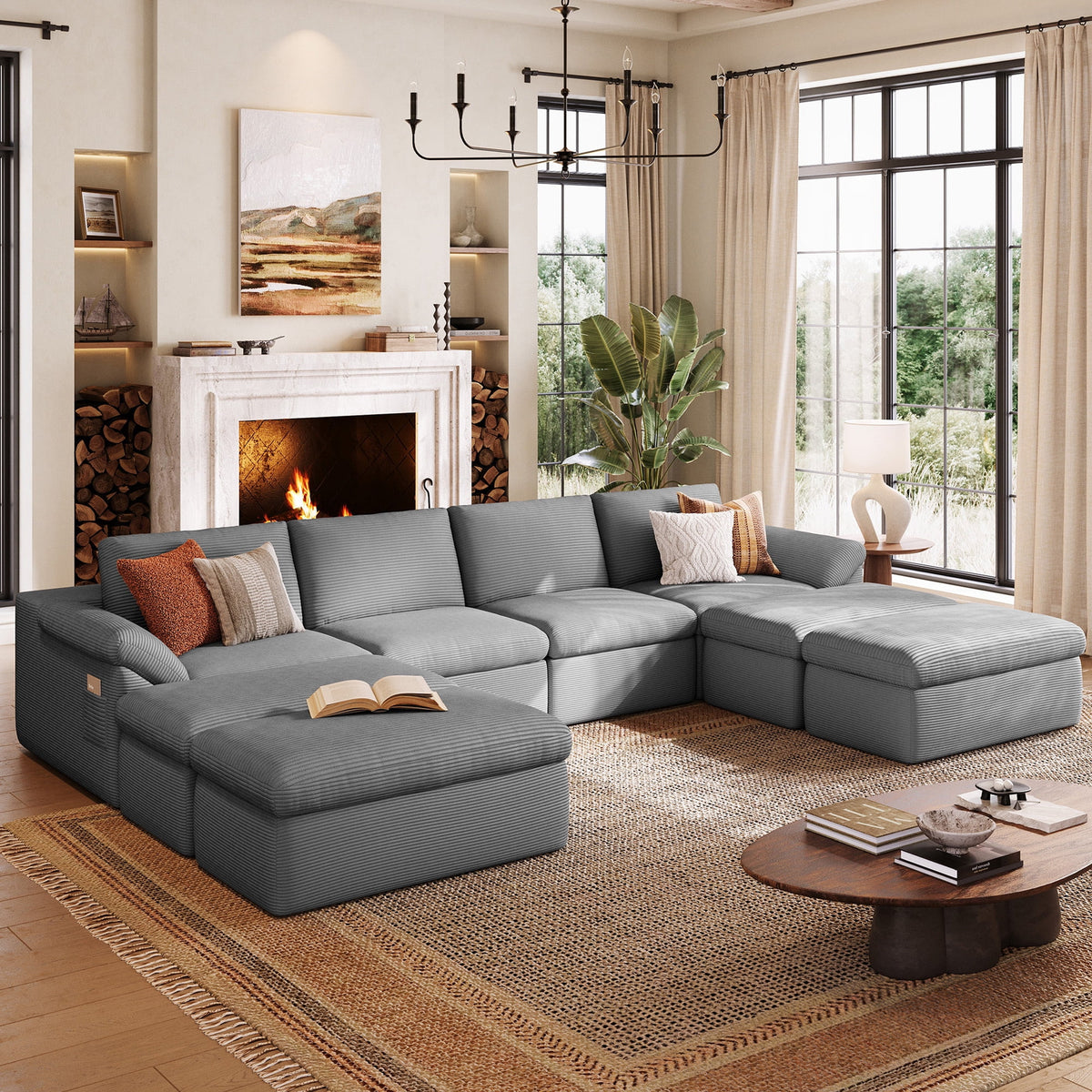 LINSY HOME Oversized 139in Boneless Sectional Couches for Living Room, U-Shaped Cloud Couch Sofa with Corduroy Fabric, 4 Seat Foam Sofa with 4 Ottomans, No Assembly Required, Grey