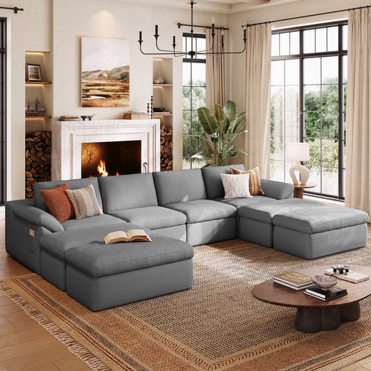 LINSY HOME Oversized 139in Boneless Sectional Couches for Living Room, U-Shaped Cloud Couch Sofa with Corduroy Fabric, 4 Seat Foam Sofa with 4 Ottomans, No Assembly Required, Grey