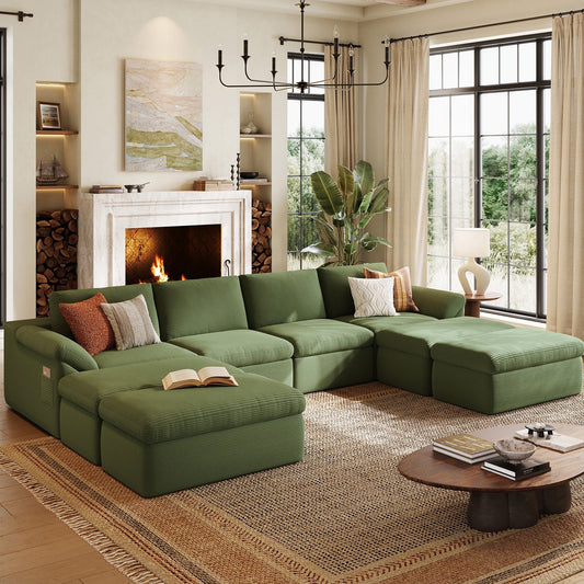 LINSY HOME Oversized 139in Boneless Sectional Couches for Living Room, U-Shaped Cloud Couch Sofa with Corduroy Fabric, 4 Seat Foam Sofa with 4 Ottomans, No Assembly Required, Green