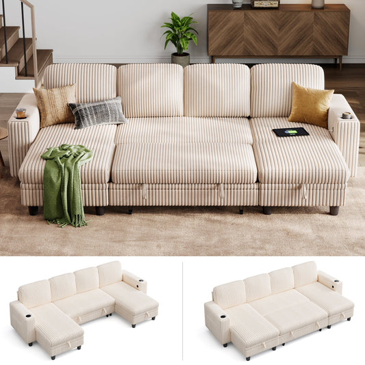 LINSY HOME U Shaped Sectional Couches for Living Room, Sofa Bed with Storage Chaise, Pull Out Couch Bed, Beige