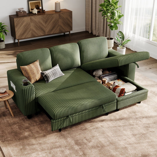 LINSY HOME L Shaped Sectional Couches for Living Room, Sleeper Sofa Bed with Reversible Storage Chaise, Pull Out Couch Bed with USB, Cup Holder, Dark Green