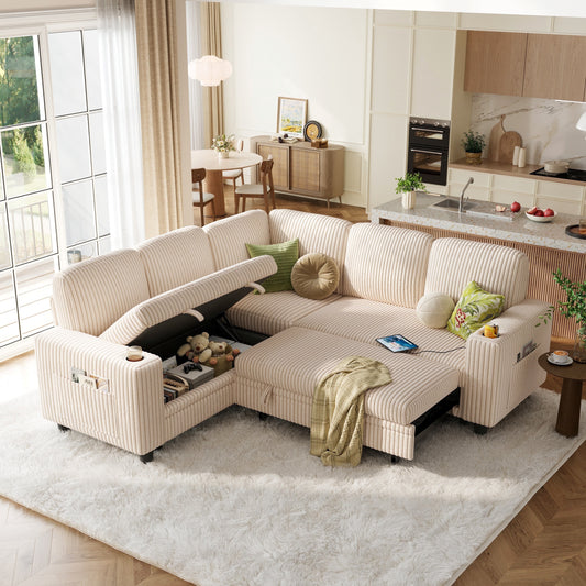 LINSY HOME Modular Sectional Sofa for Living Room, Sleeper Sofa Bed with Storage Seat, Pull Out Sofa Couch Bed with Cup Holder, Beige