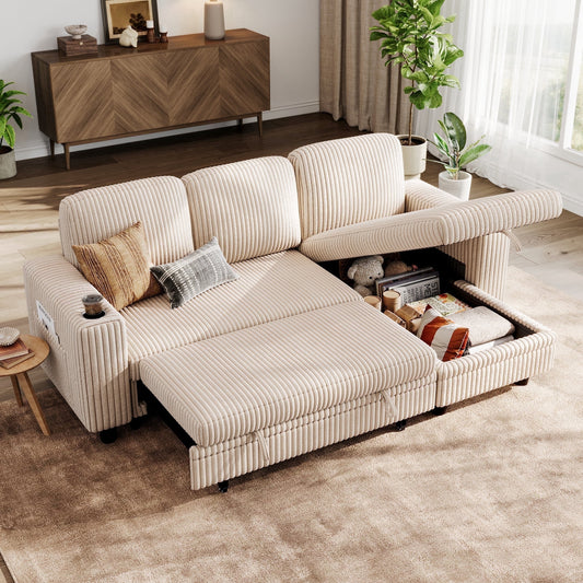 LINSY HOME L Shaped Sectional Couches for Living Room, Sleeper Sofa Bed with Reversible Storage Chaise, Pull Out Couch Bed with USB, Cup Holder, Beige