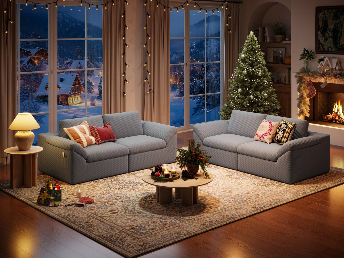 Linsy Home 2 Piece Sofa Set for Living Room, Cloud Modular Sectional Sofa with Deep Seating, Oversized Boneless Couch Set with Corduroy Fabric, Grey