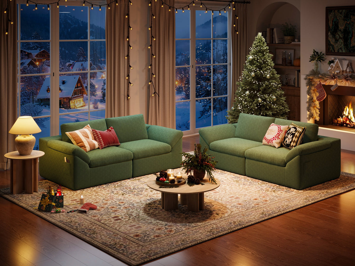 Linsy Home 2 Piece Sofa Set for Living Room, Cloud Modular Sectional Sofa with Deep Seating, Oversized Boneless Couch Set with Corduroy Fabric, Green