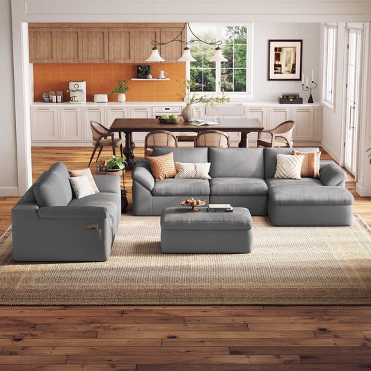 LINSY HOME Modular Sectional Sofa Set for Living Room, Cloud Modular Sectional Sofa with Deep Seating, Oversized Boneless Couch Set with Corduroy Fabric, Grey