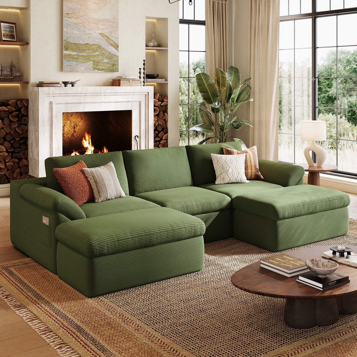 LINSY HOME Oversized 109in Boneless Sectional Couches for Living Room, U-Shaped Cloud Couch Sofa with Corduroy Fabric, 3 Seat Foam Sofa with 2 Ottomans, No Assembly Required, Green