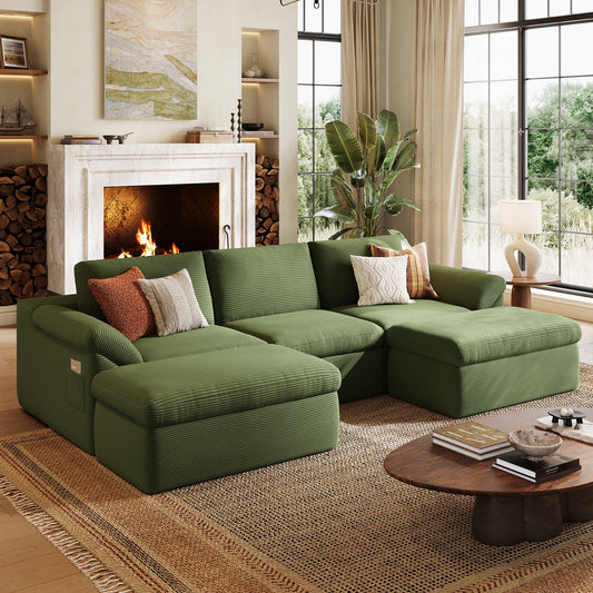 LINSY HOME Oversized 109in Boneless Sectional Couches for Living Room, U-Shaped Cloud Couch Sofa with Corduroy Fabric, 3 Seat Foam Sofa with 2 Ottomans, No Assembly Required, Green