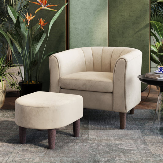 LINSY HOME Upsized Velvet Accent Chair with Ottoman for Living Room, Beige