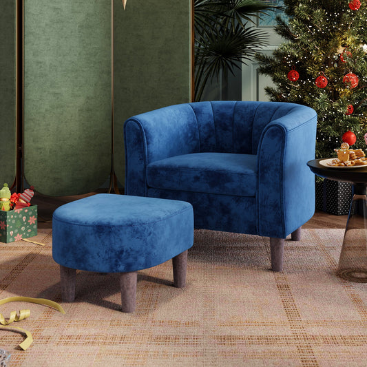 LINSY HOME Upsized Velvet Accent Chair with Ottoman for Living Room, Bedroom, Blue