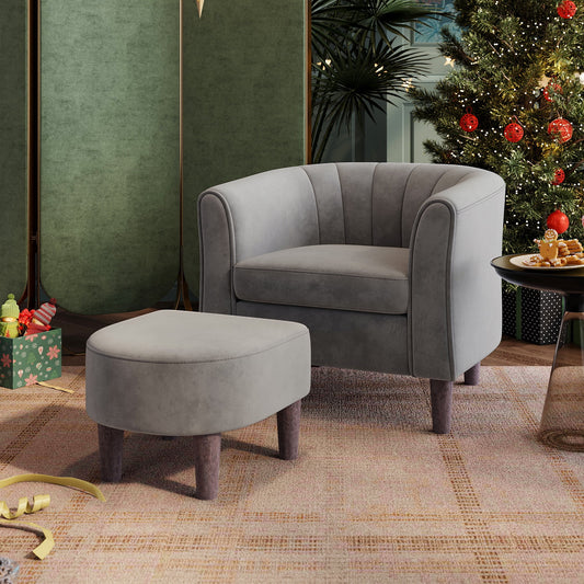 Swivel Accent Chair with Ottoman, 360 Degree Modern Vanity Chairs - Swivel Barrel Chair with Curve Back And Soft Cushion, Comfy Armchair Single Sofa with Shoe Ottoman for Living Room Bedroom (Grey)
