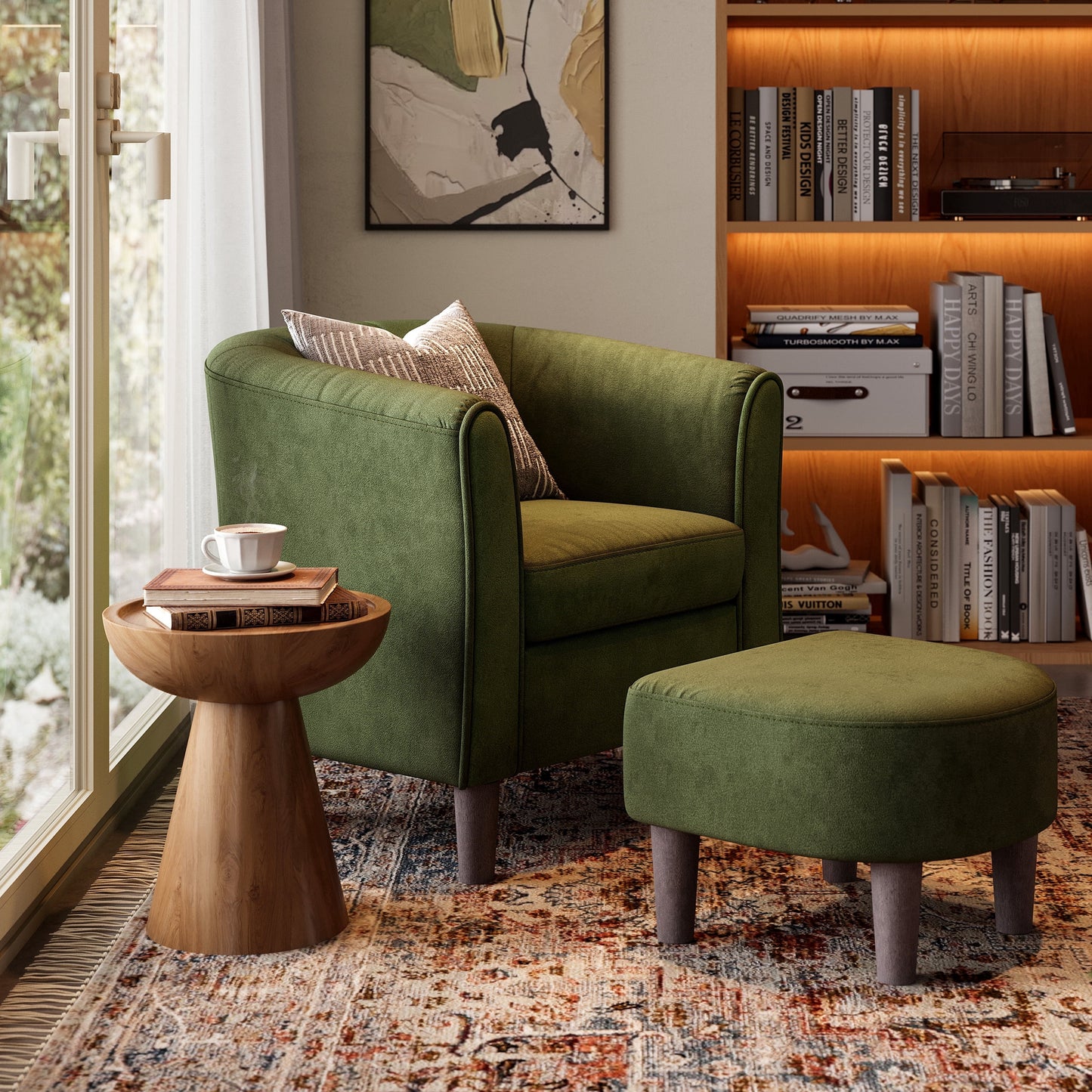 LINSY HOME Upsized Velvet Accent Chair with Ottoman for Living Room, Olive Green