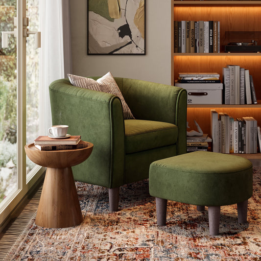 LINSY HOME Upsized Velvet Accent Chair with Ottoman for Living Room, Olive Green