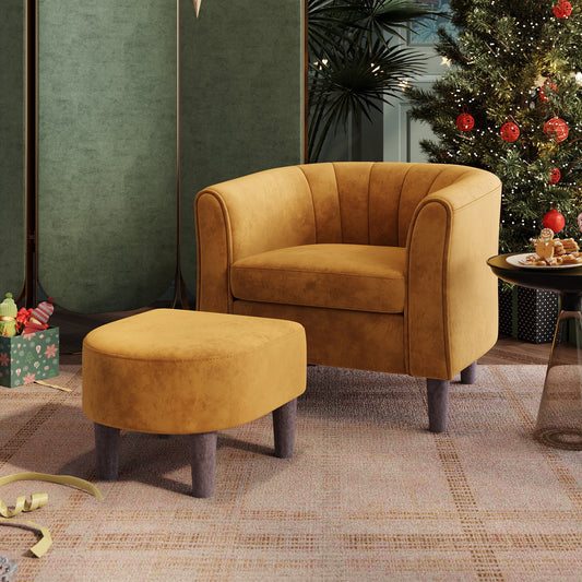 LINSY HOME Upsized Velvet Accent Chair with Ottoman for Living Room, Bedroom, Yellow