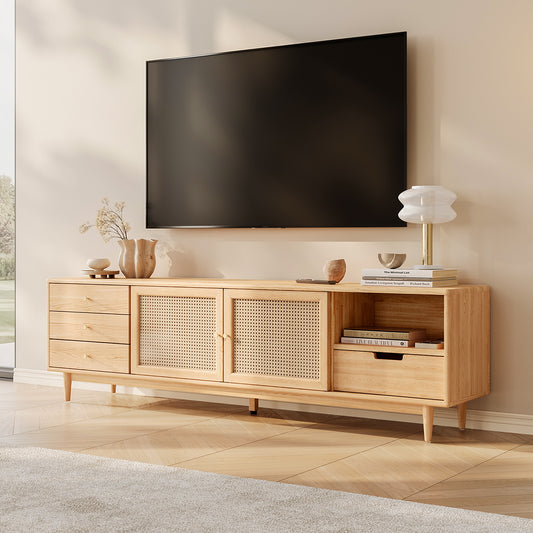 Modern Farmhouse TV Stand Natural Oak With 4 Drawers For Storage