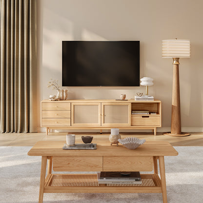Modern Farmhouse TV Stand Natural Oak With 4 Drawers For Storage