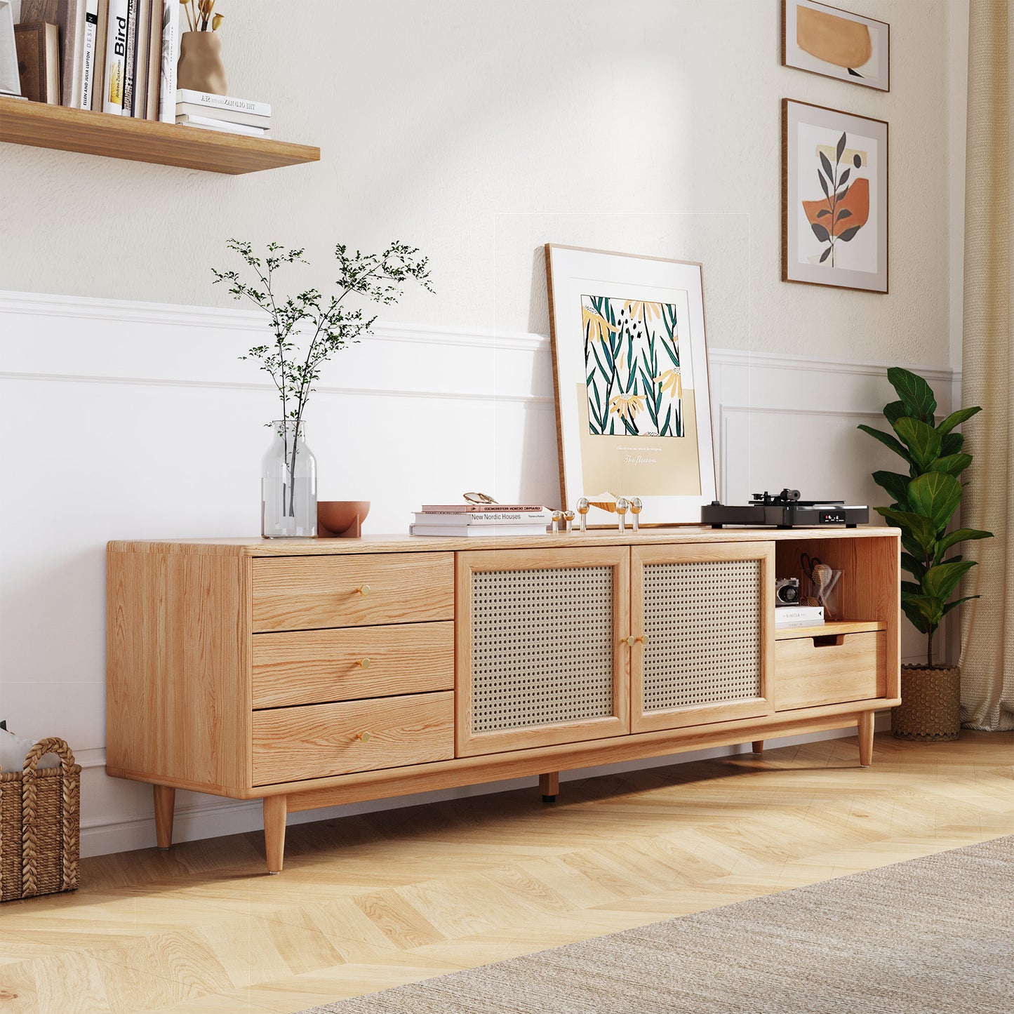 Modern Farmhouse TV Stand Natural Oak With 4 Drawers For Storage