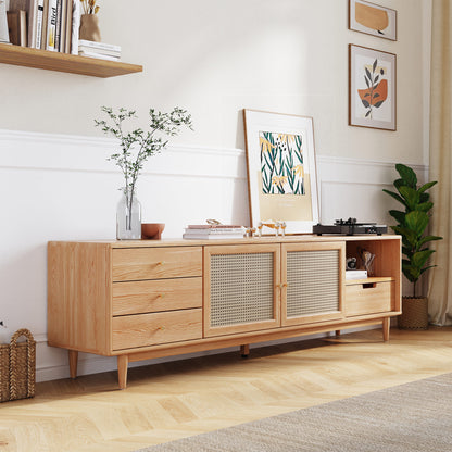 Modern Farmhouse TV Stand Natural Oak With 4 Drawers For Storage